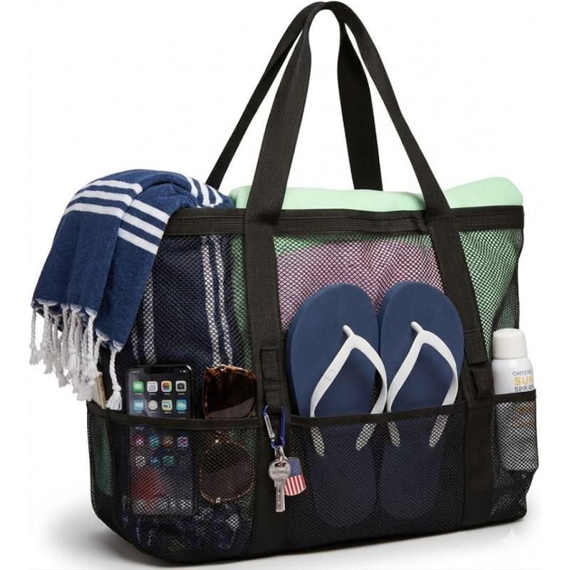 Travel Accessories Must Have - Большая пляжная сумка-сетка с 9 карманами,