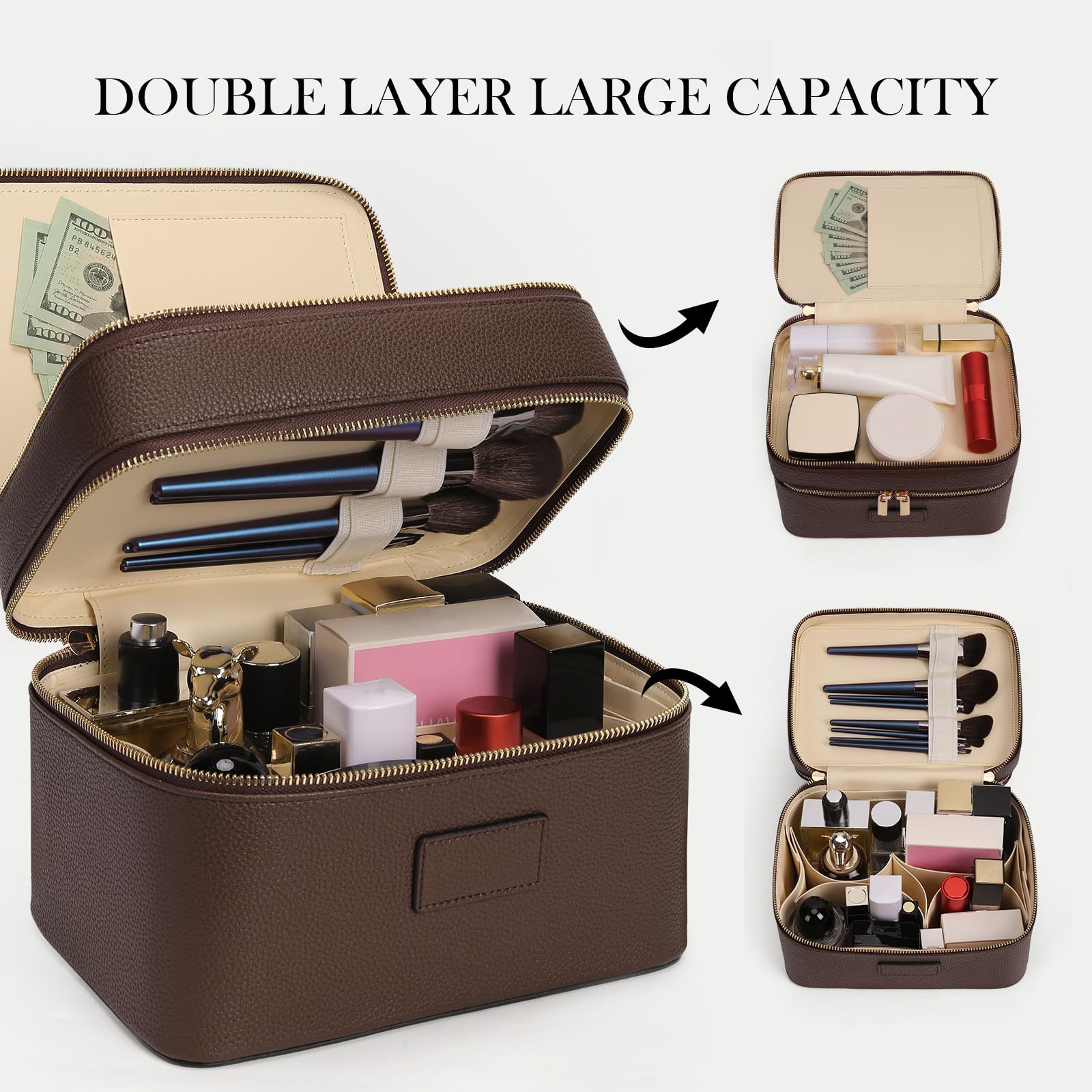 Travel Accessories Leather - Большая двухслойная люксовая косметичка для путешествий